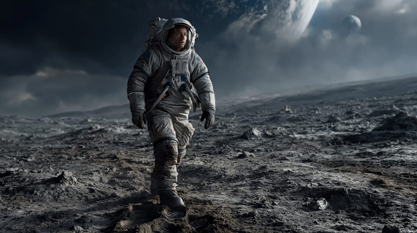 Astronaut walking on a rocky lunar surface