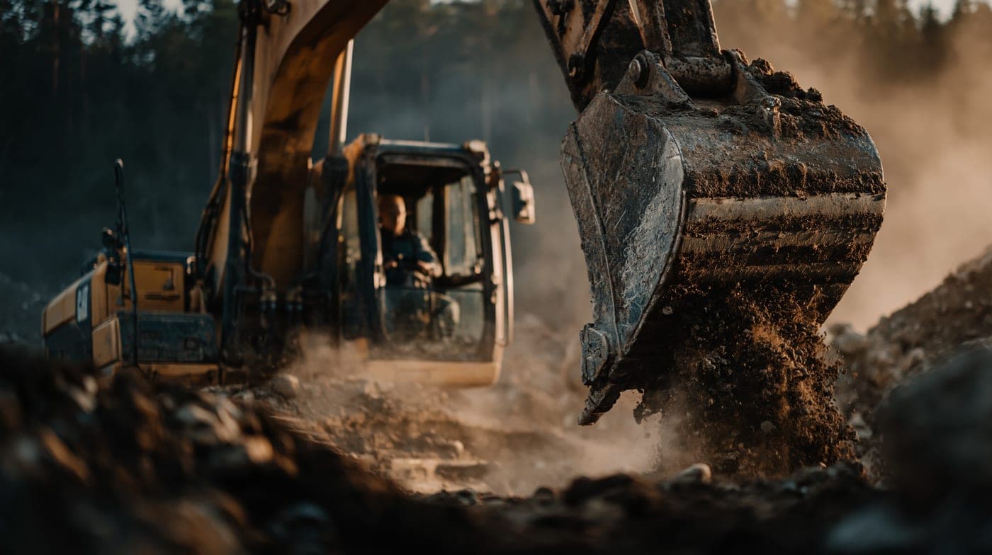 Excavator digging at a construction site at sunset