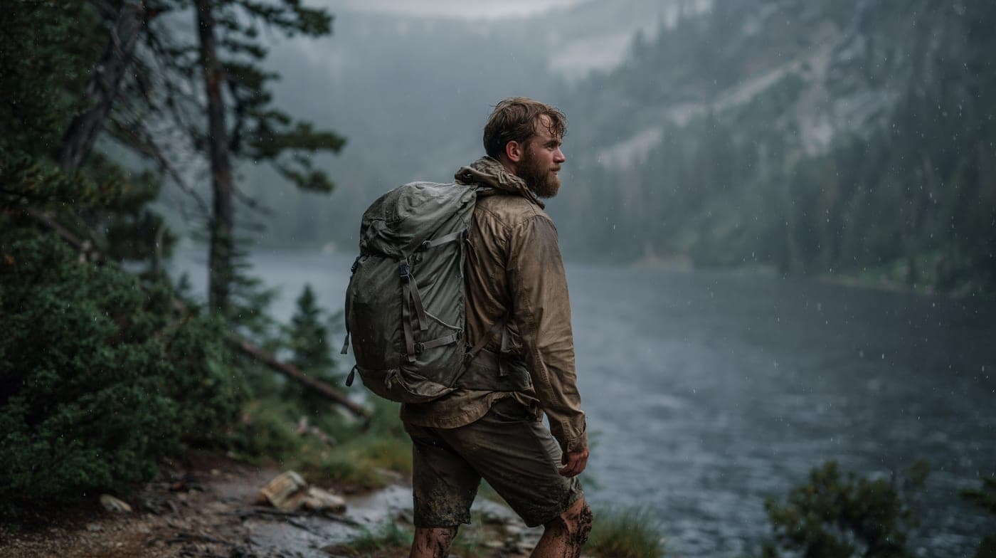 Backpacker by an alpine lake in the rain